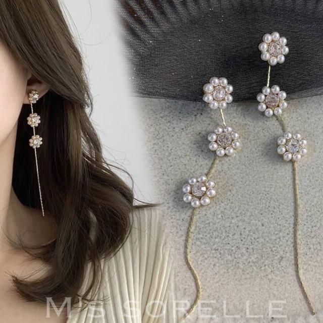 ピアス チェーン 結婚式 花 パール 揺れる 揺れるタイプ ロング
