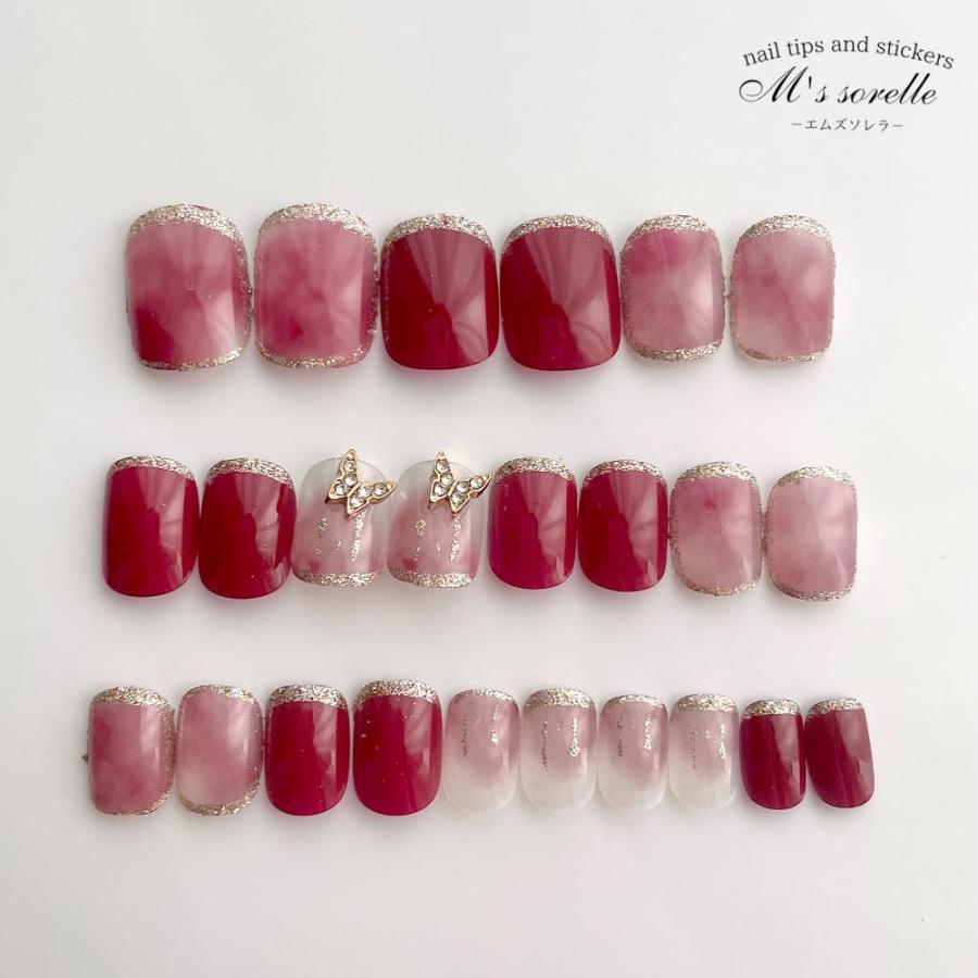 GIRLSMEMT ネイルシール 赤 白 グラデーション 爪やすり付き キラキラ