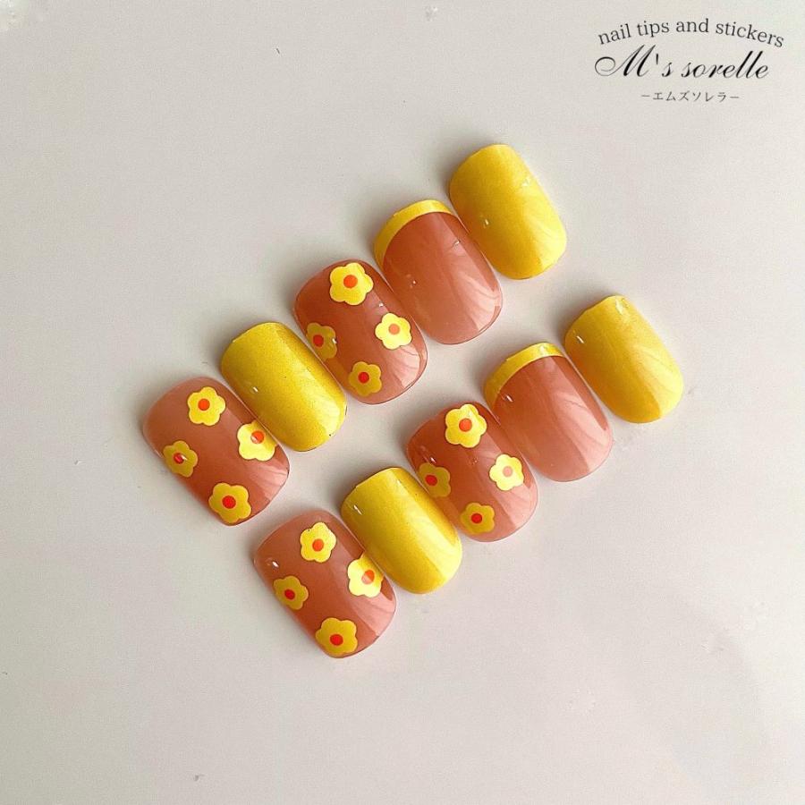 ネイルチップ 黄色 花柄 韓国 成人式 可愛い ライン フレンチ