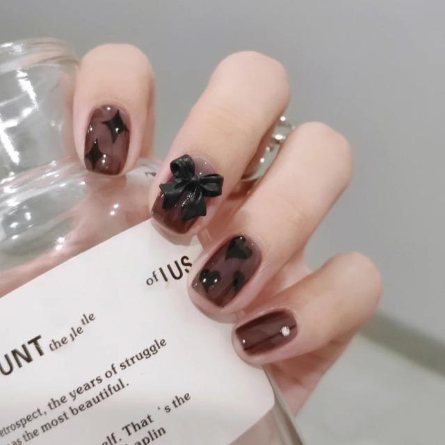 ネイルチップ ジェルネイル ネイル 3Dネイル リボン ハート 黒 日常