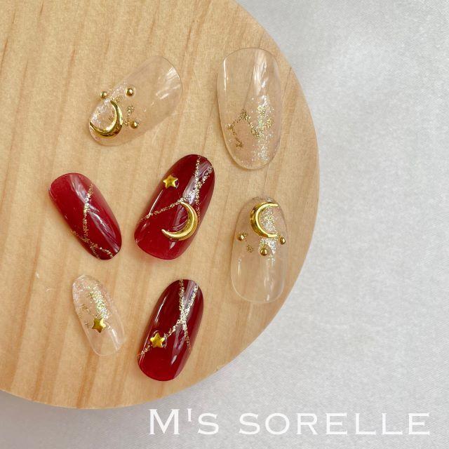 ネイルチップ 韓国 赤 月 ラメ シースルー ラメライン ムーン
