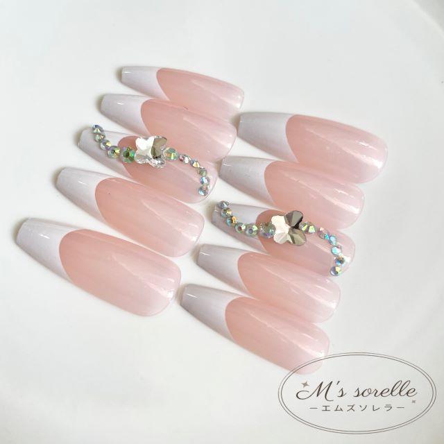 ネイルチップ ロング バレリーナ 可愛い フレンチ 白 キラキラ