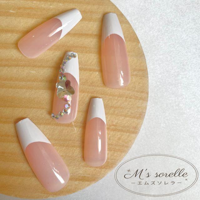 ネイルチップ ロング バレリーナ 可愛い フレンチ 白 キラキラ