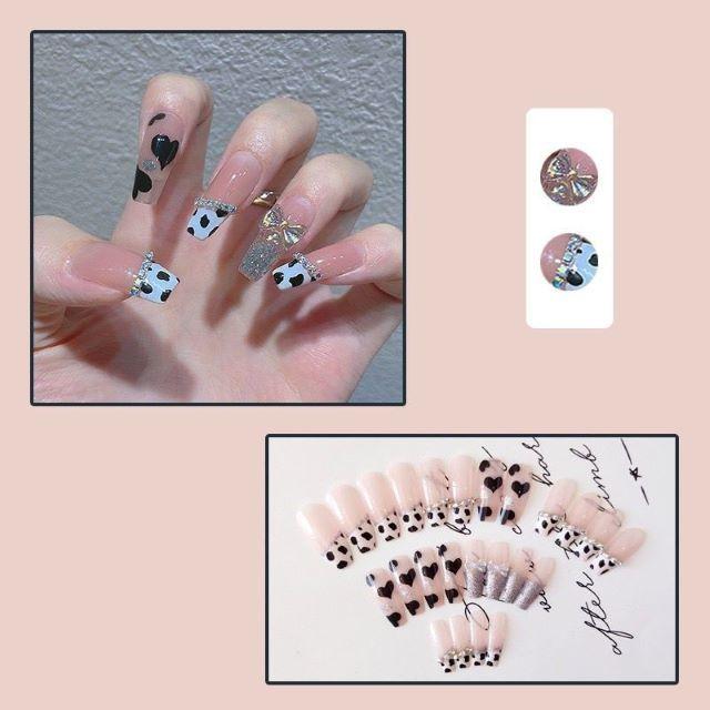 ネイルチップ ロング 韓国 成人式 可愛い 斜めフレンチ 牛柄 フレンチ