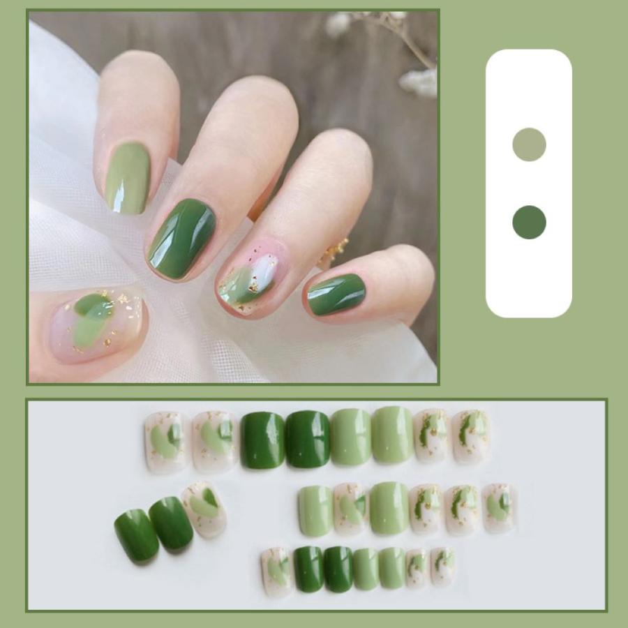 ネイルチップ 和 成人式 緑 ショート クリア 短い爪 短い 韓国