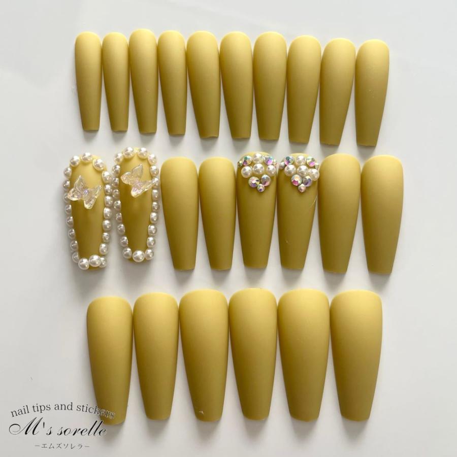 ネイルチップ 黄色 和柄 和風 ロング バレリーナ 韓国 成人式 振袖 蝶