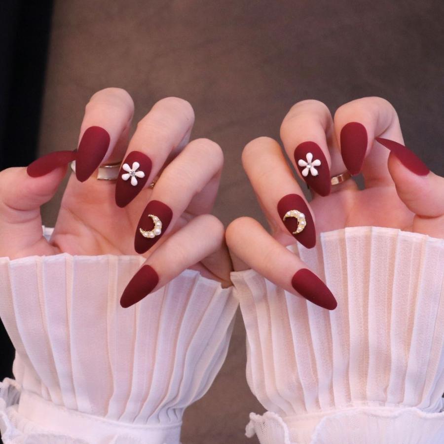 ネイルチップ 赤系 ワンカラー 赤 ロング 韓国 成人式 振袖 和柄