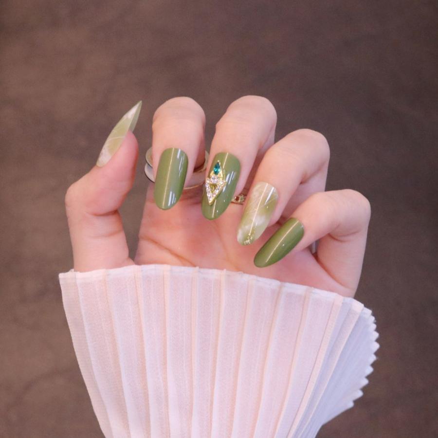 ネイルチップ ロング オーバル 韓国 成人式 和装 振袖 和柄 緑