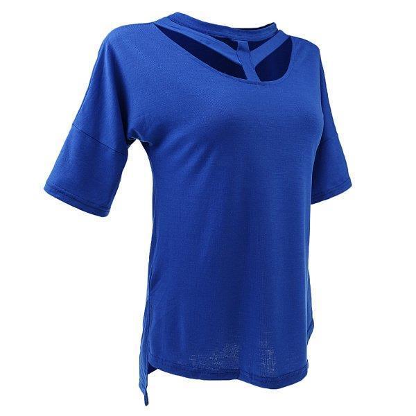 正規販売店 女性チョーカーネック半袖カジュアル夏tシャツルーズフィットトップxlブルー