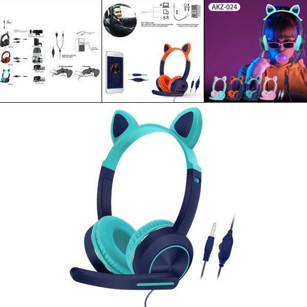 ビデオゲーム音楽PCシアンとブルー用のマイク付き有線猫耳ヘッドセットHiFi｜m5103