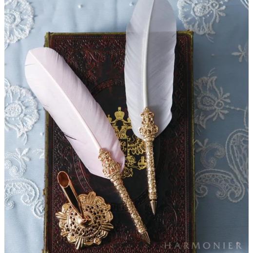 ハルモニア　クラシックフェザーペングレイ　ピンク/グレイ　アンティークな羽つきボールペン | HARMONIER