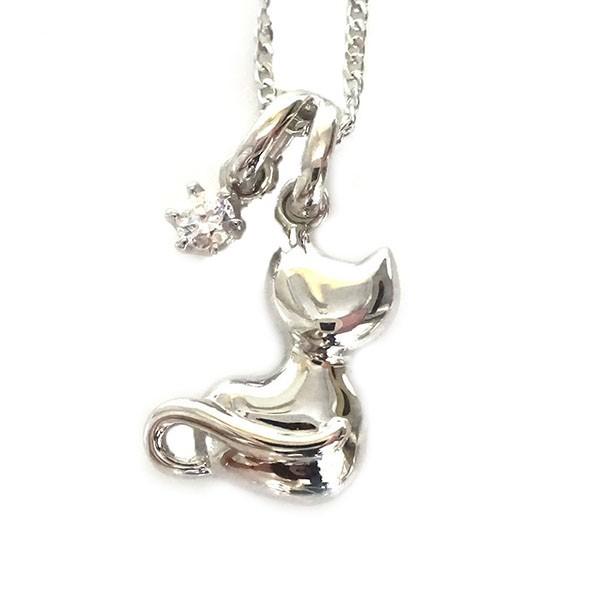 ネコ ペンダント ネックレス ホワイトゴールド K10 4月誕生石 ダイヤモンド K10wg ねこ 猫