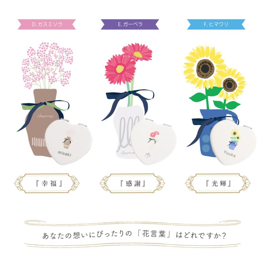 母の日 名入れ ハート型ミラー 花柄 日本製 手鏡 ラッピング無料 巾着