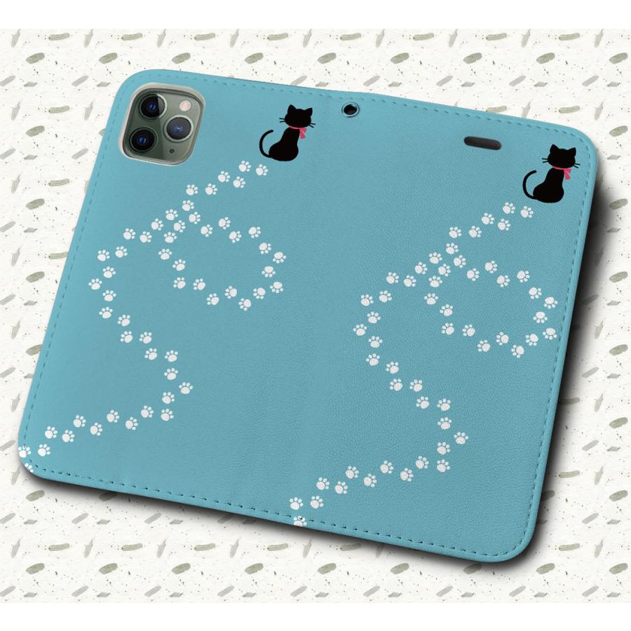 iPhone16 他 手帳型ケース 黒ネコと足跡 ブルーB ☆猫 柄