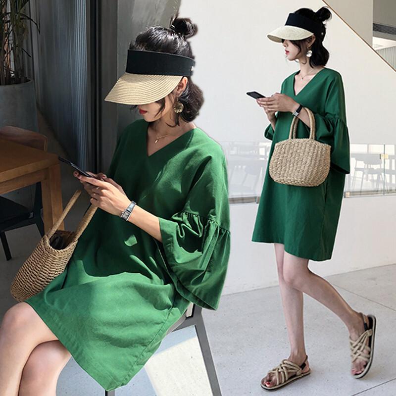 21人気の ワンピース Lop 0290 大きいサイズ トレンド 夏 きれいめ ルーズ 体型カバー 無地 フレア袖 七分袖 ｖネック ミニ丈 コットン ワンピース カラー アプリコット Lifeinlacruz Com