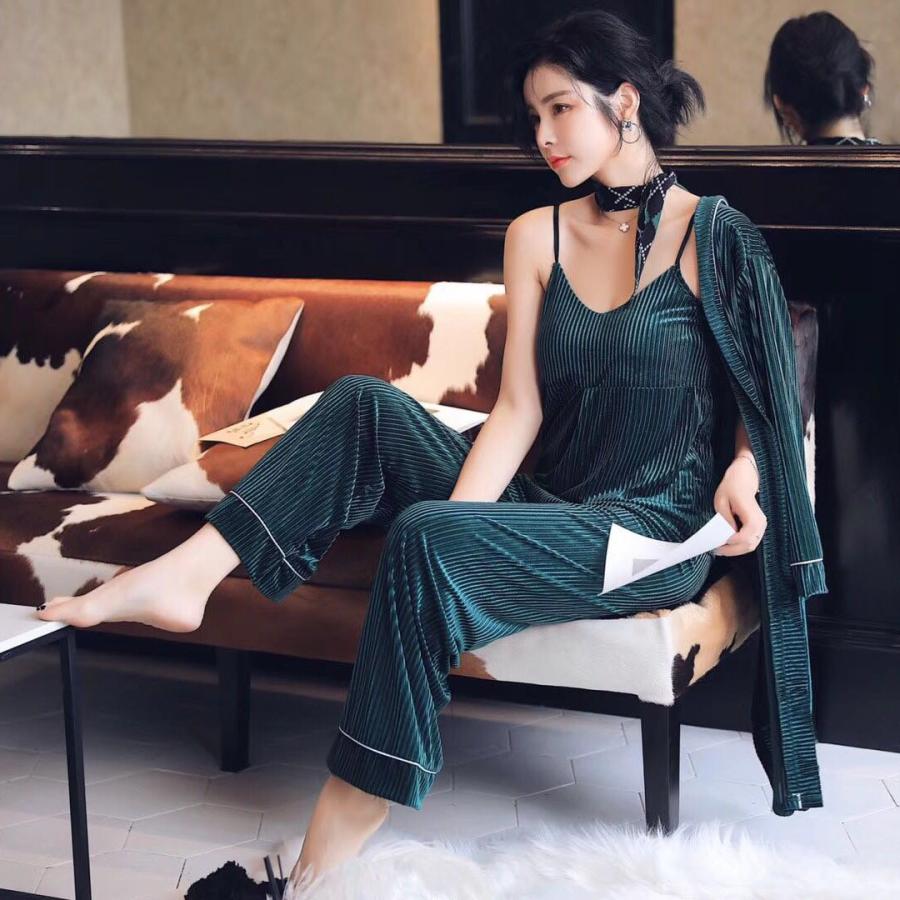 ルームウェア パジャマ 春夏 ベロア 上下セット ｖネック 長袖 キャミソール 無地 ゆったり 大人可愛い ３点セット Rw 0027 Purrworld Com