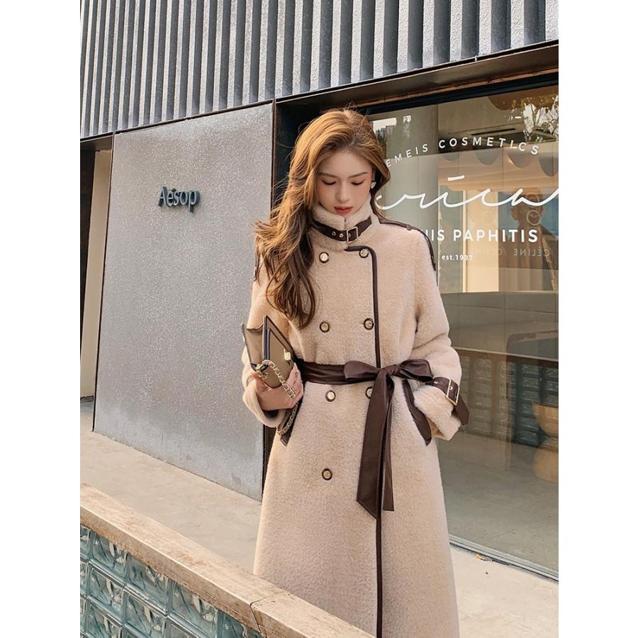 ロングコート ウエストマーク もこもこ 大人可愛い レザー フェミニン エレガント 長袖 秋冬 お呼ばれ ロング丈 お出かけ 女子会 デート