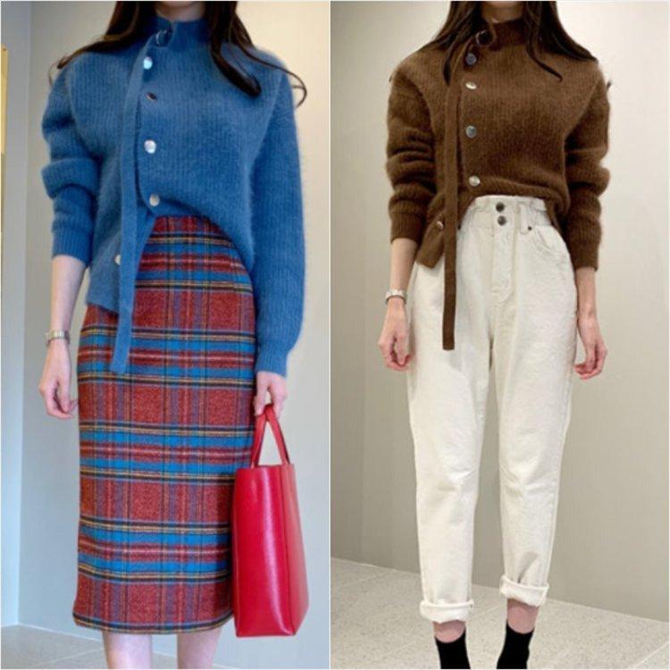 ニットカーディガン ボタン 無地 長袖 大人可愛い カジュアル系 シンプルデザイン ハイネック こなれ感 暖かい 暖かコーデ 厚手生地 レディースファッション 安心発送