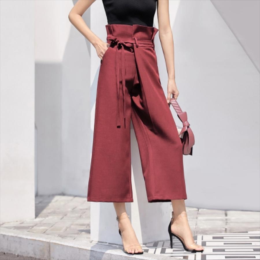値引販売 きれいめデザイン ウェストリボンが可愛いガウチョパンツ 無地 フリル ハイウェスト 秋 お出かけ 即納 送料無料 Www Superavila Com