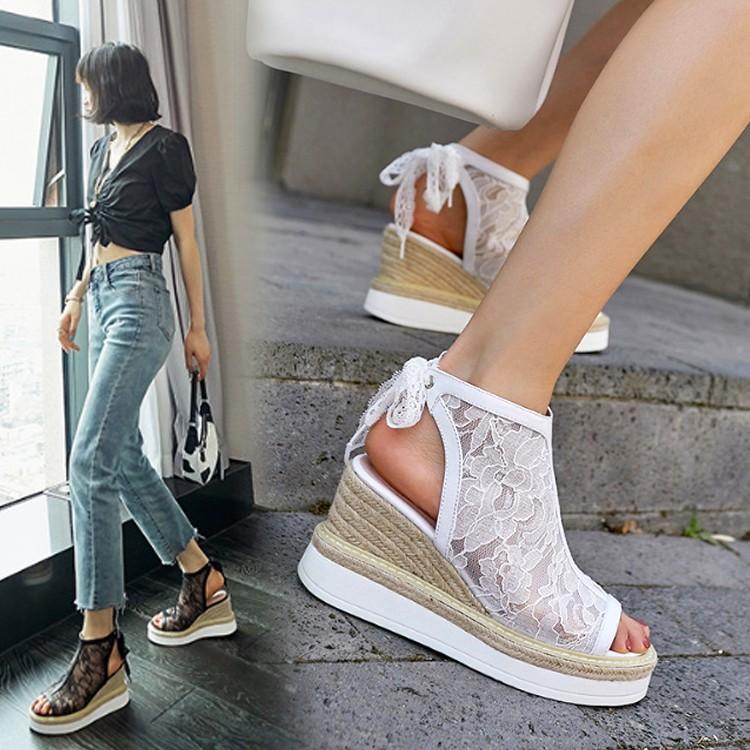 ウェッジサンダル レース リボン 厚底 美脚 カジュアル きれいめ こなれ感 春夏 デート お出かけ リゾート