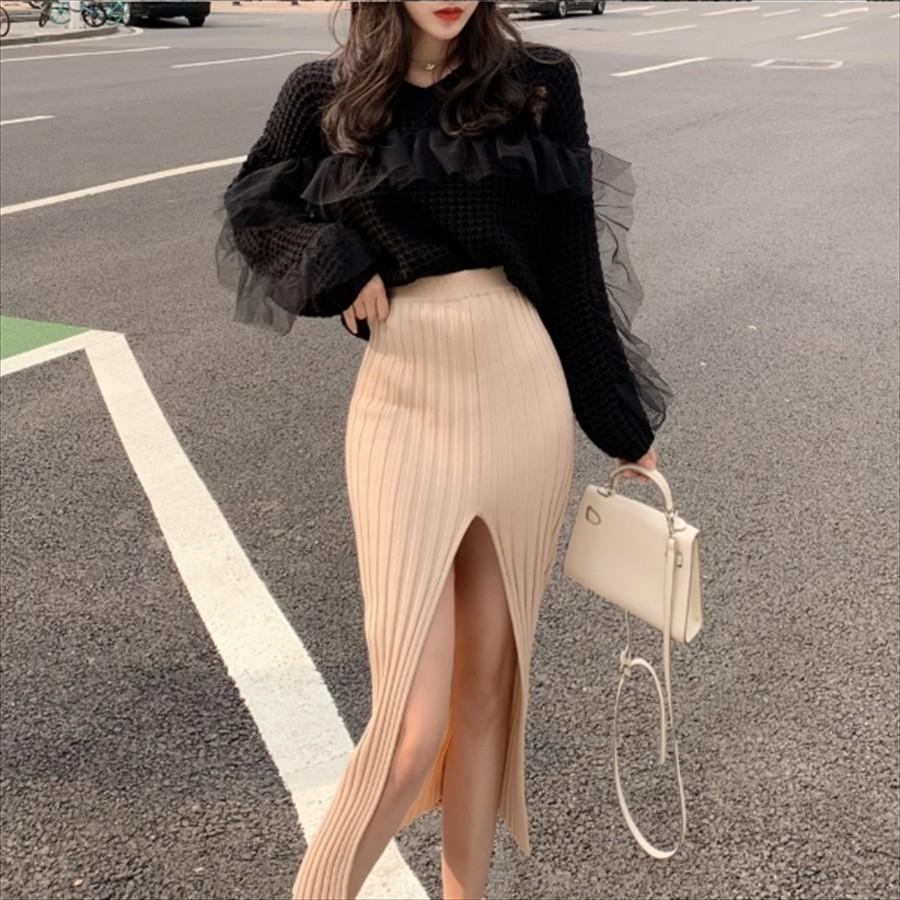 大胆スリットのニットスカート ロング丈 こなれ感 きれいめ コンサバ系 大人可愛い 冬 お出かけやお呼ばれにも Sk 0808 街角のカフェテラス 通販 Yahoo ショッピング