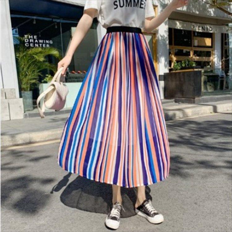 カジュアル系 マキシスカート Aライン フレア ウェストゴム マルチカラー レインボーカラー 体型カバー 夏 お出かけ 国内即発送