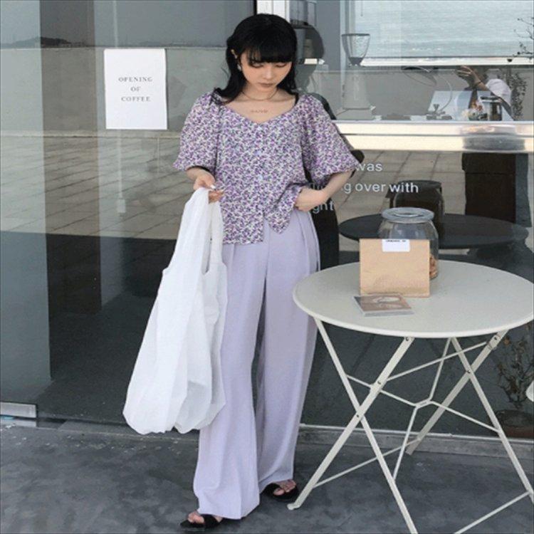 キング カジュアル系 ラウン レディース服 花柄ブラウス 半袖 パープル