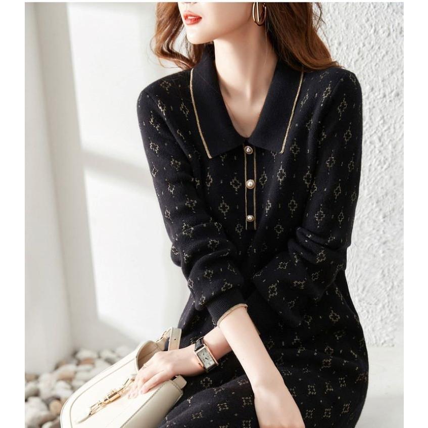 国際ブランド ワンピース お呼ばれ 女子会 デート ベーシック 大人可愛い きれいめ ロング ひざ丈 柄 長袖 冬 秋 春 40代 30代 代 黒 ブラック レディース Aライン ラペル ワンピース サイズ L