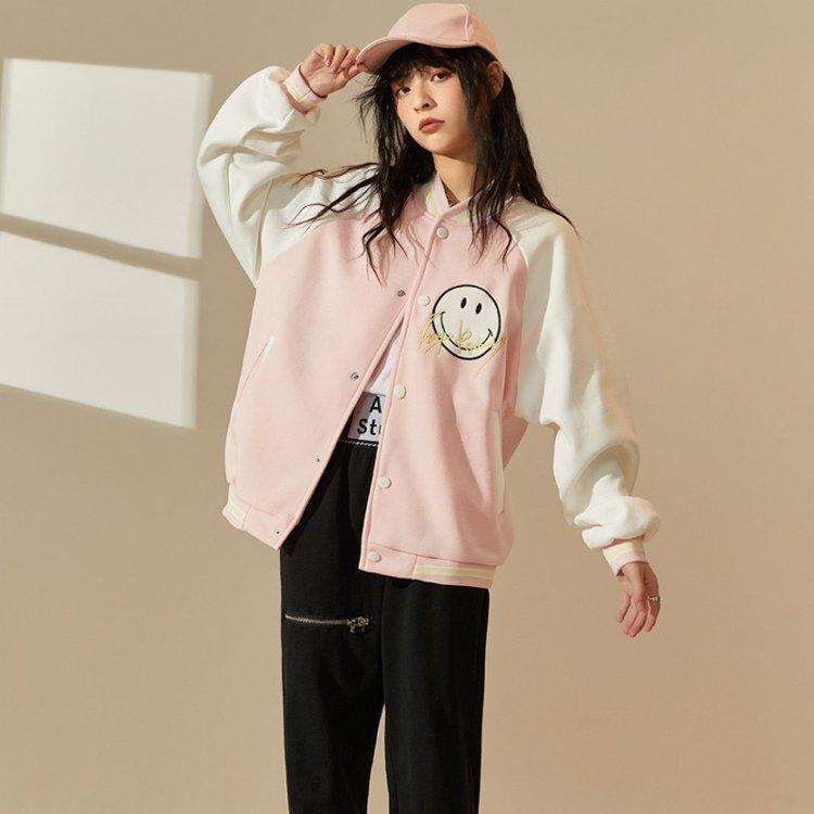 値引 刺繍 スマイル ポケット ボタン 長袖 レディース スタジャン ジャケット アウター ピンク かわいい こなれ感 ボーイッシュ ストリート系 バイカラー 無地 テーラード ブレザー Www Maketheleapcoaching Com