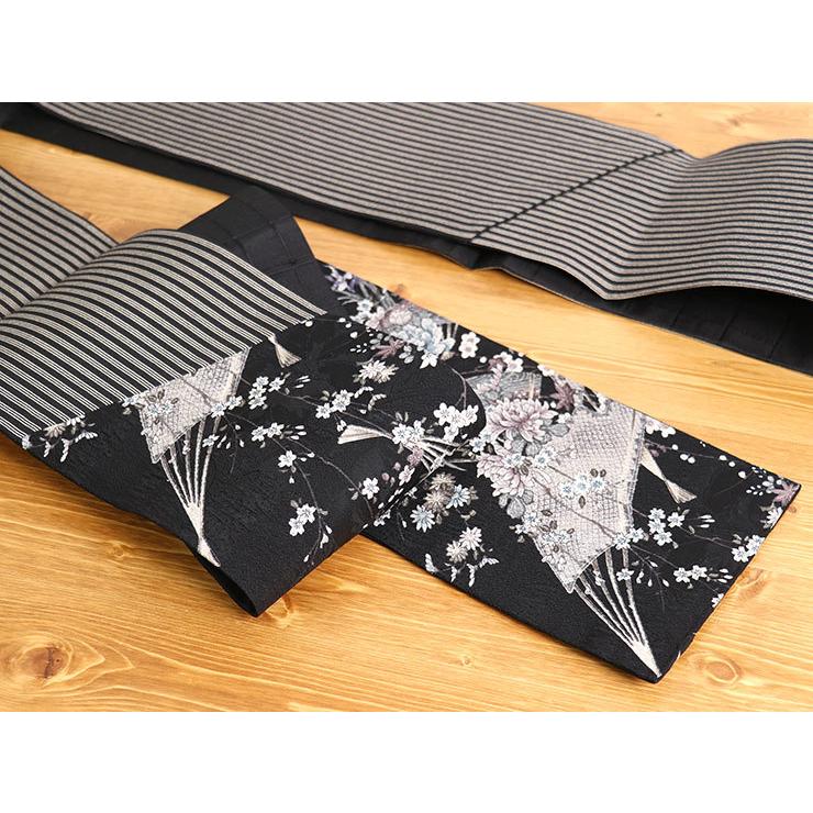 帯 半幅帯 正絹 細帯 嵐山よしむら 雪輪に花びら刺繍 黒 創作 帯 半幅帯 正絹 細帯 嵐山よしむら 雪輪に花びら刺繍 黒 創作