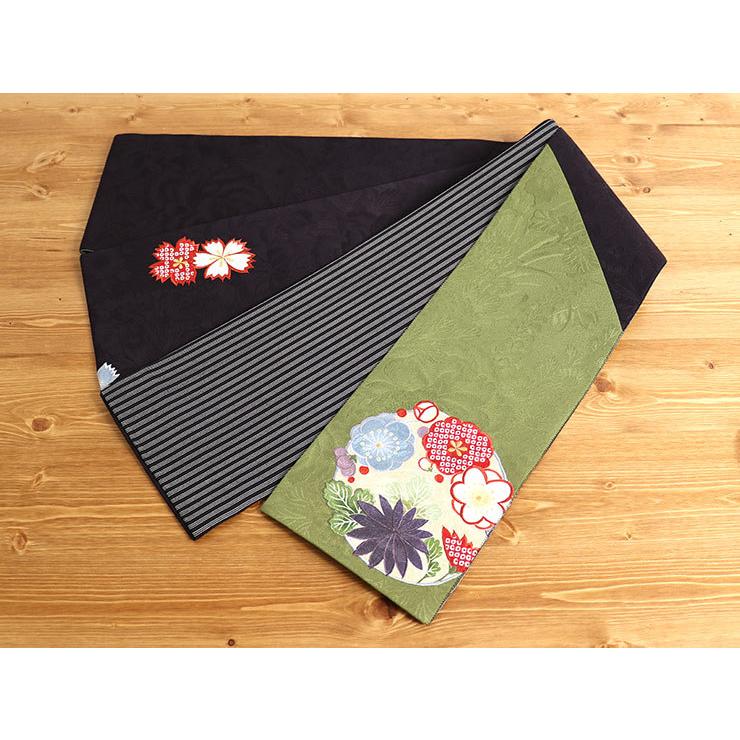 半巾帯 正絹 リバーシブル 嵐山よしむら 正絹細帯 桜楓花丸（抹茶×黒紅
