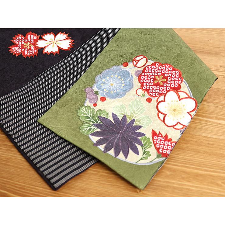 半巾帯 正絹 リバーシブル 嵐山よしむら 正絹細帯 桜楓花丸（抹茶×黒紅