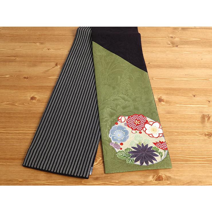 ゆりりん 茶色と黒の花柄半幅帯・正絹・リバーシブル・前田仁仙・ ゆりりん 茶色と黒の花柄半幅帯・正絹・リバーシブル・前田仁仙・ 茶色