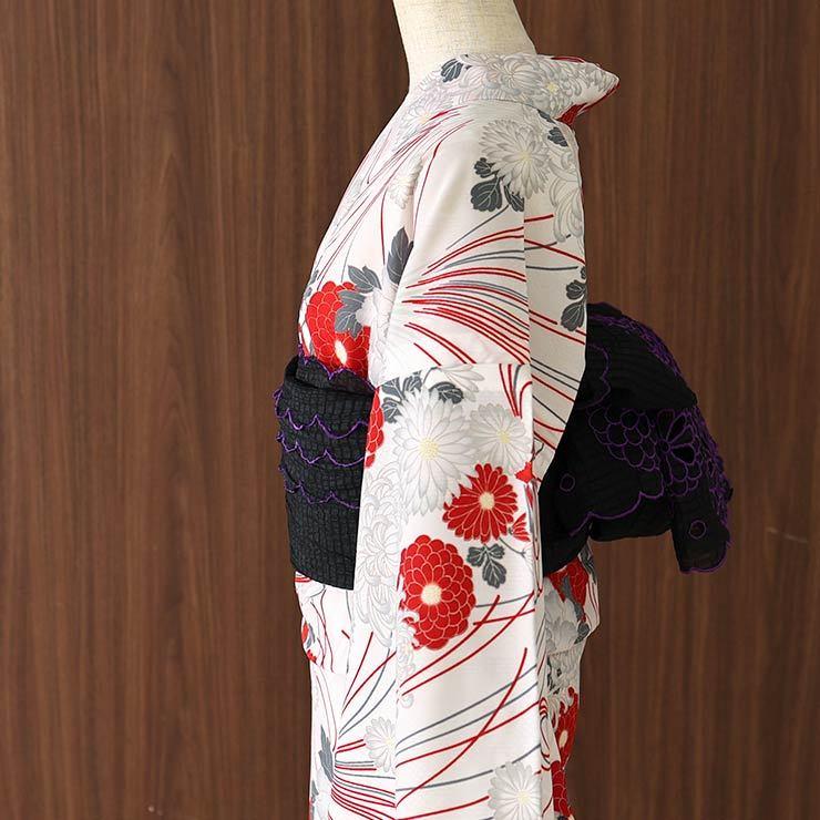 浴衣 洗える 仕立て上がり 花くす玉（白×赤）高級 ポリエステル