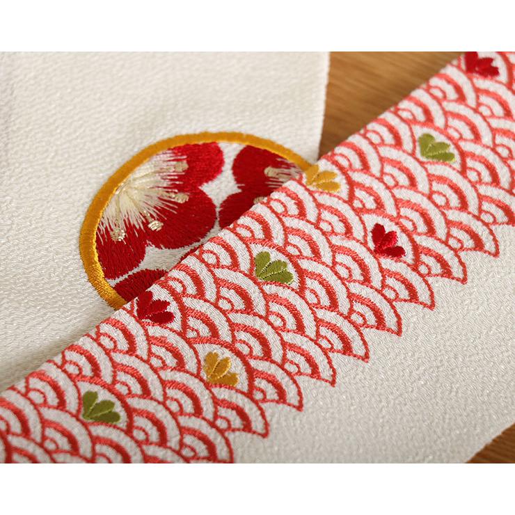 半衿 半襟 刺繍 青海波に梅丸 赤 レッド 吉祥文様 梅 花 ししゅう 女性
