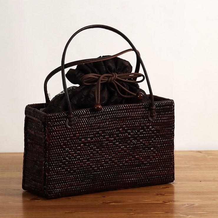 撫松庵」夏カゴバッグ - アーガイル柄 アタバック 巾着総レース