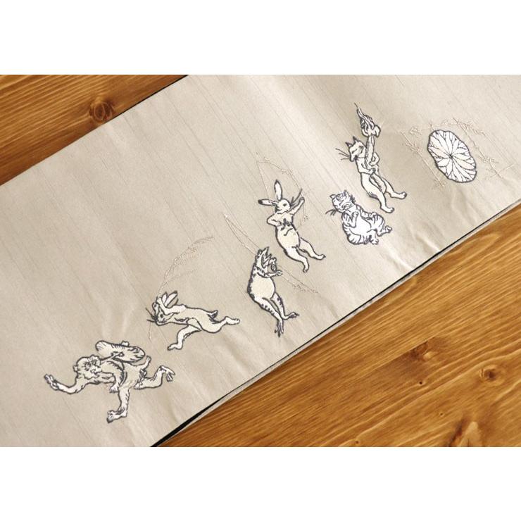 撫松庵」細帯 半幅帯- 猫獣戯画(ベージュ 108-102-004-05)クリーム  