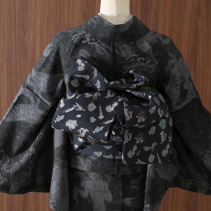 撫松庵 [ 日本製 ］半巾帯 細帯 妖怪金襴 濃紺（101-102-001-78）紺 黒