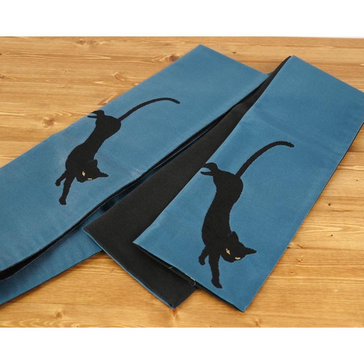 撫松庵 細帯 半巾帯 モール猫 ターコイズ 106-302-003-76 半幅帯