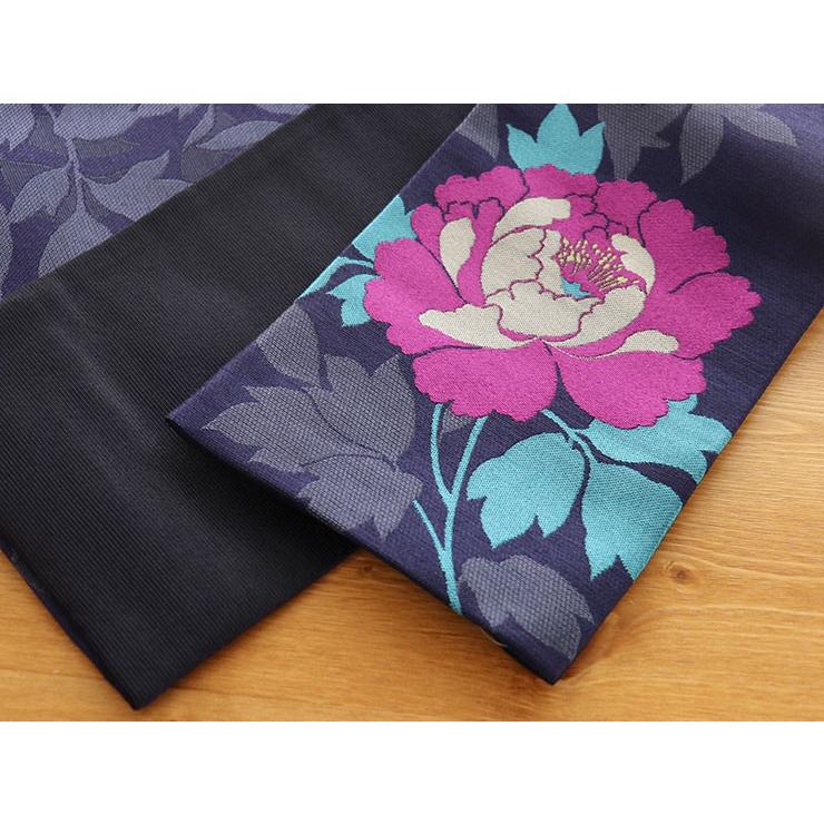 撫松庵 夏向け 細帯（半巾帯）牡丹（コン 100-302-001-78）紺 紫 花