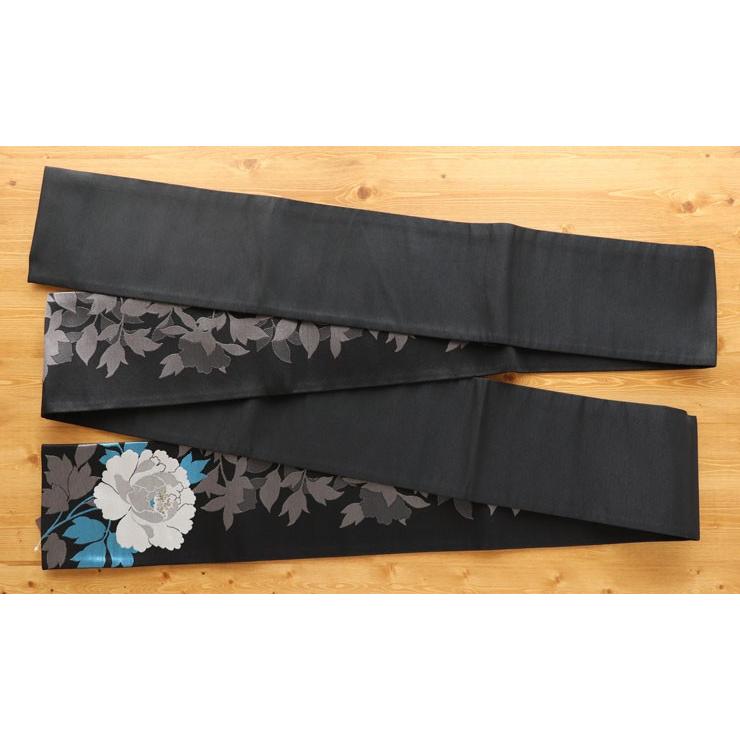撫松庵 夏向け 細帯（半巾帯）牡丹（クロ 100-302-001-88）黒 白 花