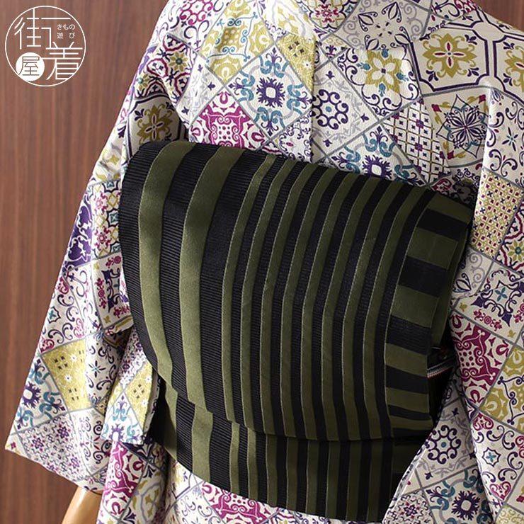 撫松庵 帯 名古屋帯 京袋帯 日本製 一重太鼓 ストライプ (オリーブ  