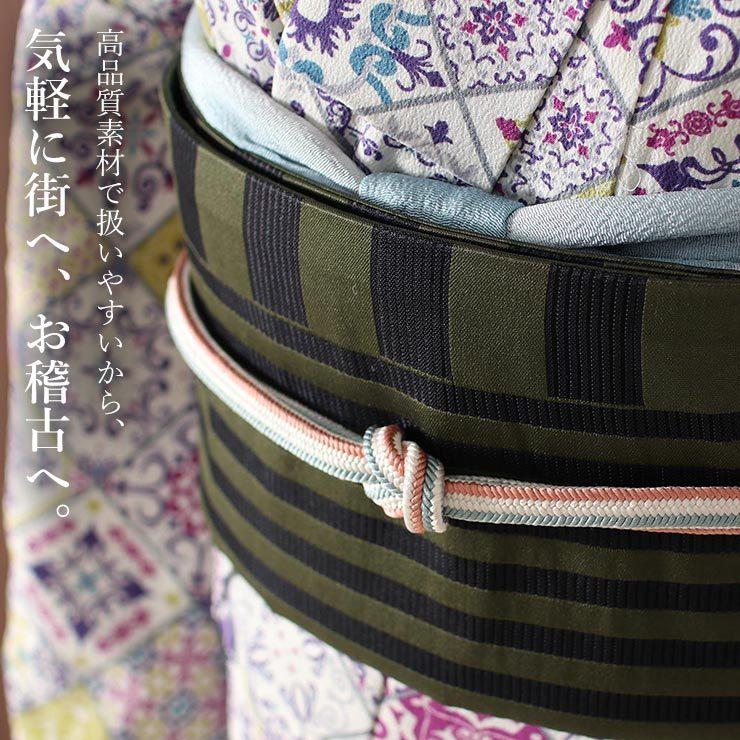 帯 名古屋帯 京袋帯 日本製 一重太鼓 ストライプ (オリーブ) だんだら縞 幾何学模様 かわいい (ym201)