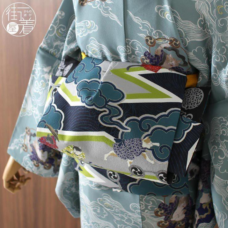 2way ] 一重太鼓 名古屋帯 稲妻 猫 紺 (101-110-001-78) 撫松庵 なごや