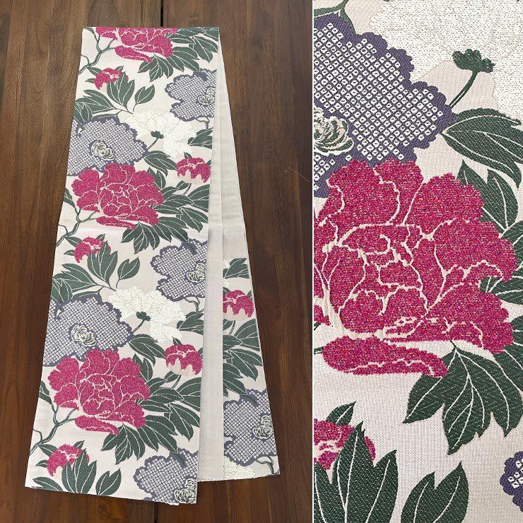 京袋帯 名古屋帯 正絹 一重太鼓袋帯 牡丹（102-110-002-05）ベージュ  