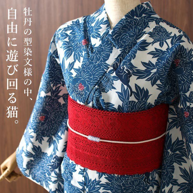 浴衣 洗える レディース 猫牡丹(オフ白×藍色 102-337-001-03 浴衣 洗える レディース 猫牡丹(オフ白×藍色 102-337-001-03