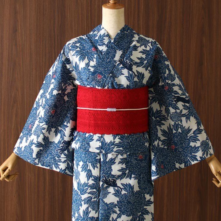 浴衣 洗える レディース 猫牡丹(オフ白×藍色 102-337-001-03 浴衣 洗える レディース 猫牡丹(オフ白×藍色 102-337-001-03