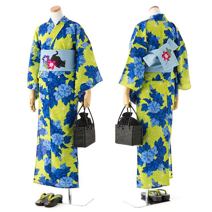 セオα レモンイエロー麻の葉 洗える夏着物 洗える 浴衣 ] 麻の葉 朝顔（レモンイエロー/109-337-024-14