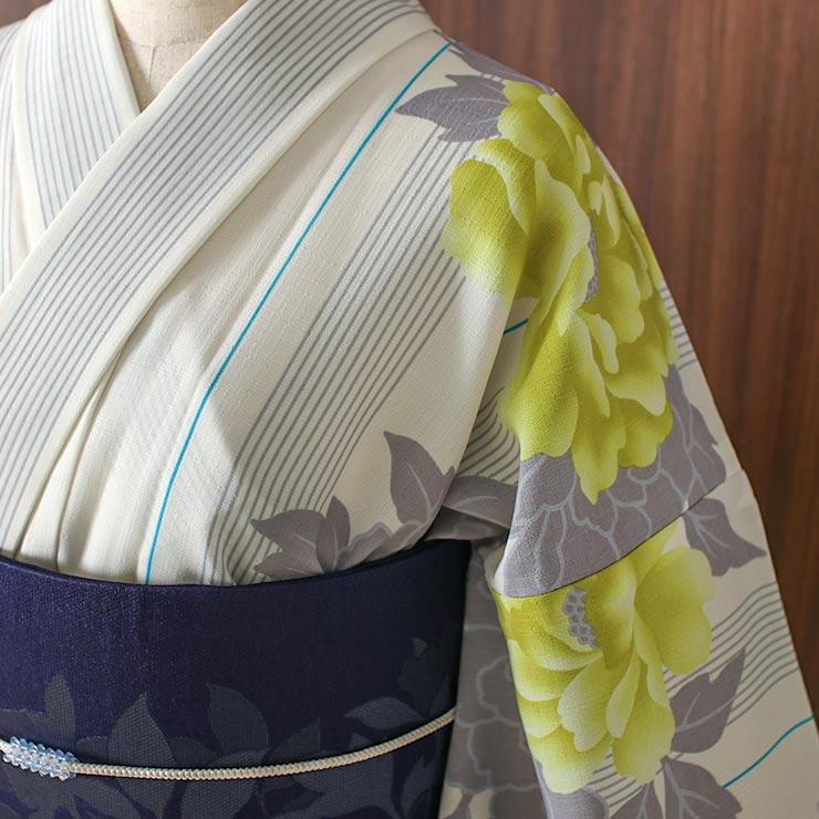 撫松庵 洗える 浴衣 片寄せ牡丹 レモンイエロー 109-337-055-14 仕立て