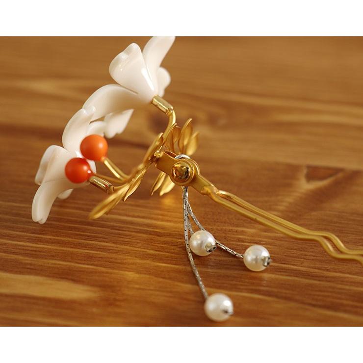 レモンの☆髪飾り☆シニョン花巻 髪飾り 花 パール 花しおり 簪 桜パール3連下がり 金 ゴールド